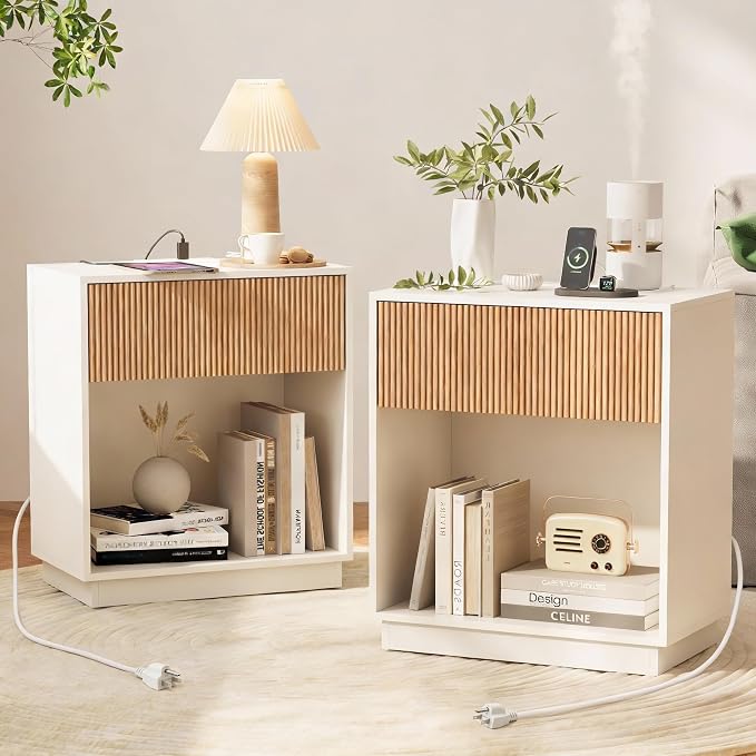 End Table with Charging Station, Fluted Nightstands Set of 2, Modern Bedside by INNODToddlerTower