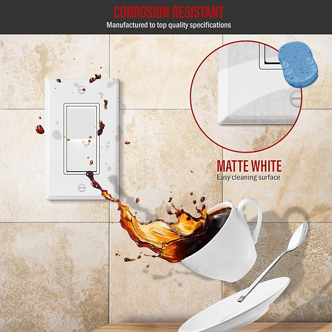 ENERLITES Decorator Switch Metal Wall Plate, Outlet Cover, Corrosion Resistant, Standard Size 1-Gang 4.50" x 2.76", Powder Coated Stamped Steel, 7731-WM, White Matte