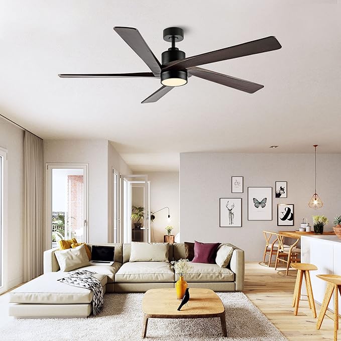 WINGBO 72 Inch DC Ceiling Fan with Lights and 3 Downrods, 5 Reversible Carved Wood Blades, 6-Speed Noiseless DC Motor, Large Ceiling Fan in Matte Black Finish with Walnut Blades, ETL Listed