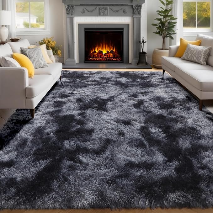 Abstract Soft Shaggy Rugs for Living Room 5x8 Ft, Tie-Dyed Grey Fluffy Rugs for - Image 3