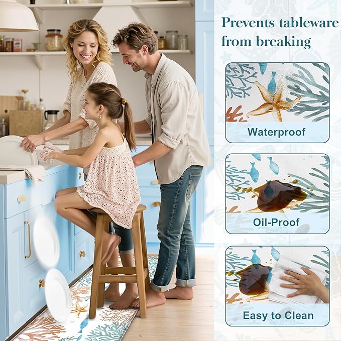 Kitchen Mats for Floor Cushioned Anti Fatigue Sets of 2 Coastal Kitchen Rugs Non Slip Waterproof Nautical Foam Kitchen Floor Rug Beach Theme Coral Fish Comfort Standing Mat for Sink Laundry, Teal