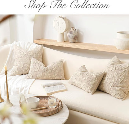 BlissBlush Light Beige Velvet Decorative Throw Pillow Cover 20X20, Neutral Floral Tufted Soft Farmhouse Textured Pillowcase, Accent Pillowcase for Couch Sofa Bed Living Room