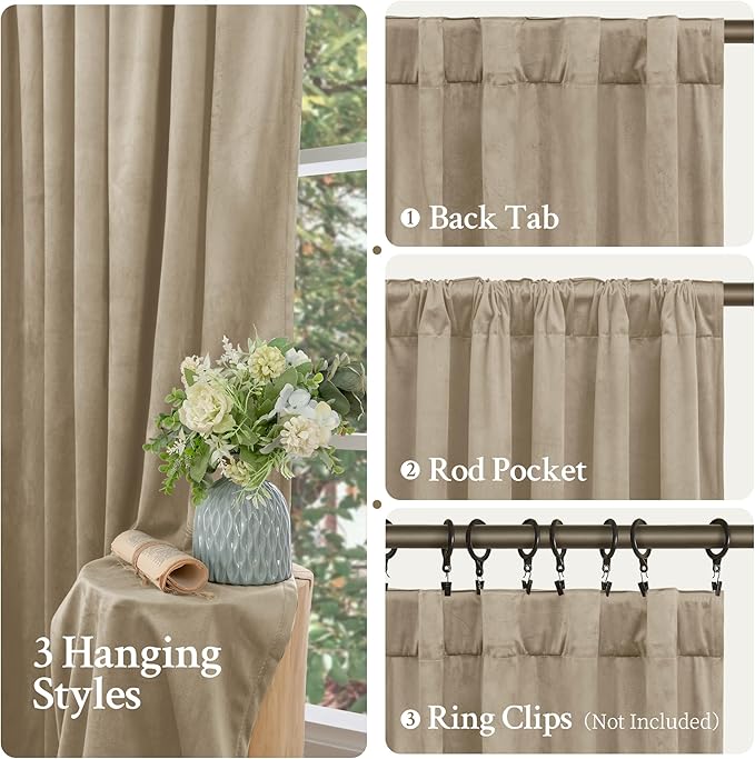 LAMIT Velvet Curtains 96 Inch for Living Room, Taupe Thermal Room Darkening Drapes for Bedroom Super Soft Elegant Back Tab and Rod Pocket Panels for Sliding Glass Door, 2 Panels, 52 x 96 Inch
