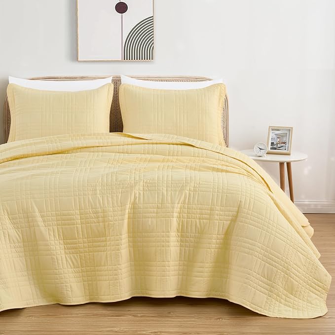 Chezmoi Collection Kingston King Size Bedspread Set, 3-Piece Pastel Yellow - Image 2