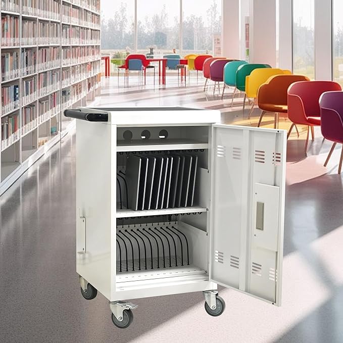 Aokleo Laptop Charging Cart,32 Devices Tablet Storage Carts for pad Up to 16.3" Screen, Classroom Computer Mobile Charging Station for Pads, Chromebooks,Laptops, Updated Password Lock(32 Bay-White)