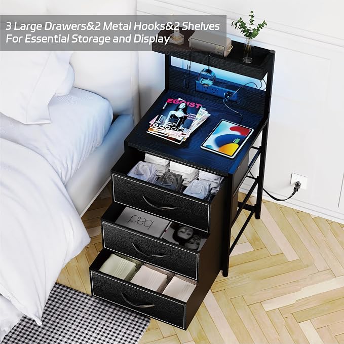 SZLHANJZ LED Nightstand Set of 2, 3 Fabric Drawers and Charging Station | Night - Image 4