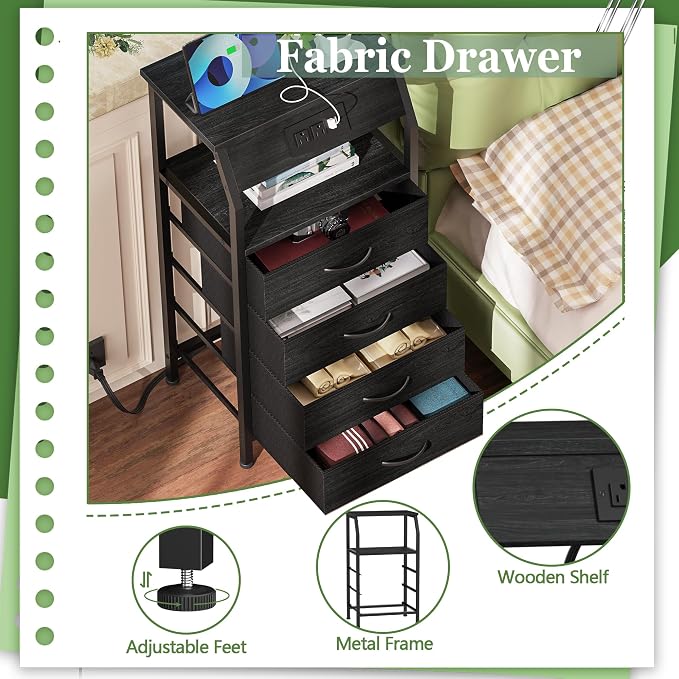 Tall Night Stand with Charging Station, 4 Drawers Bedside Table | Small Black - Image 7