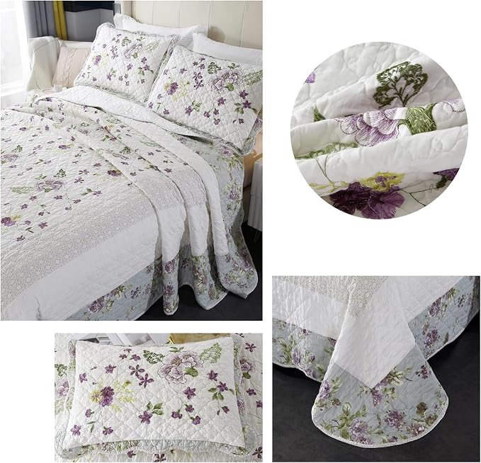 ROOMLIFE Quilt Set King Size 3D Floral Embroidery Pattern 3-Piece Cotton - Image 6