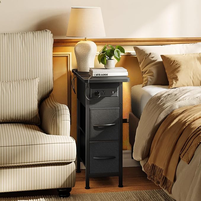 Huuger Narrow End Table with Charging Station, Side Table with 2 Drawers | Slim - Image 6