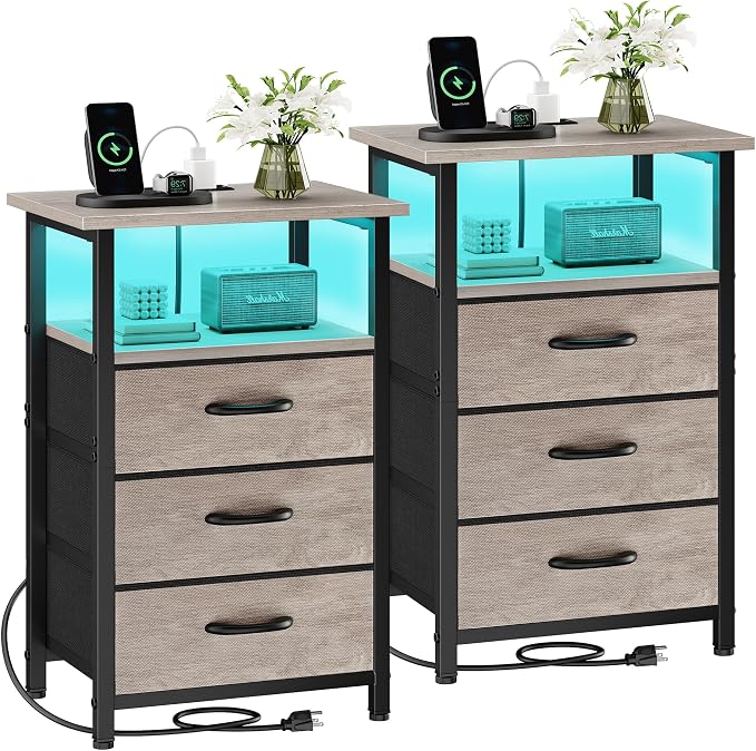 Night Stand Set 2 with Charging Station, LED Nightstand by Vagusicc