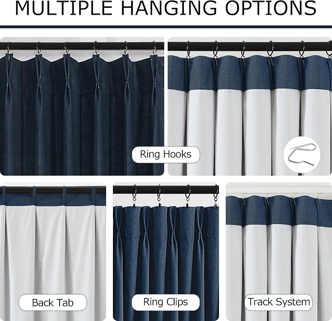 Vision Home Navy Blue Pinch Pleated Full Blackout Curtains Linen Blended Room - Image 5