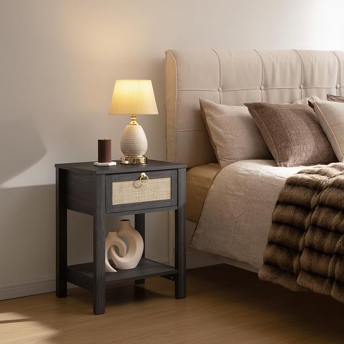 SICOTAS Rattan Nightstand with Storage Shelf, Boho Bedside Table End Table | - Image 3