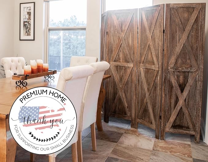 Premium Home 4-Panel Room Divider – Rustic Brown Barn Door, X Pattern Folding - Image 4