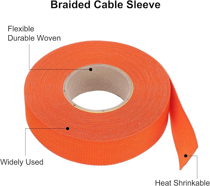MECCANIXITY Braided Cable Sleeves Heat Shrinkable Fabric Sleeving, 7/8" 40ft Orange 2:1 Ratio Heat Shrinkable Cord Protector for Harness Cable, Network Cable Protection, Cable Management