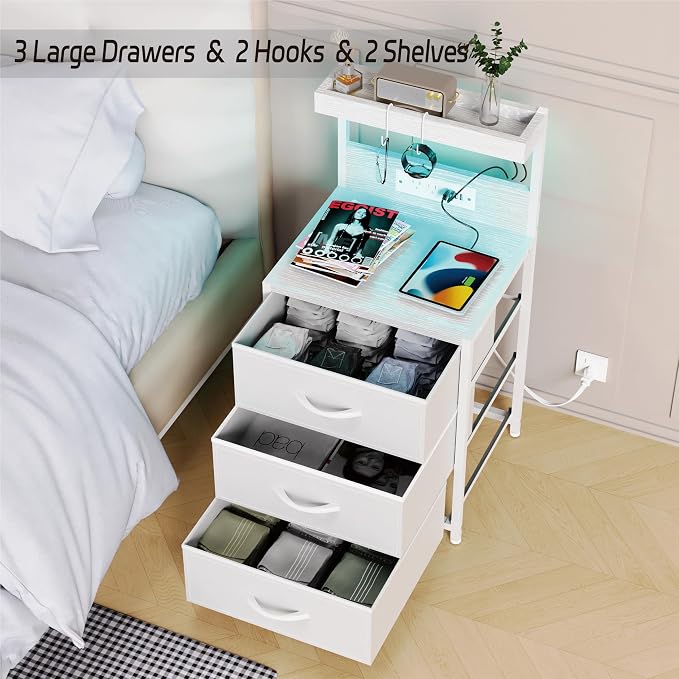 LED Night Stand with Charging Station Set of 2, 3 Fabric Drawer, End Side Table - Image 9