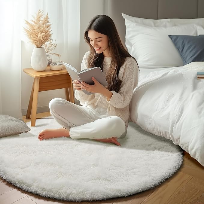 Cream White Round Area Rugs 6ft, Fluffy Soft Bedroom Circle Rug Floor Mat - Image 7