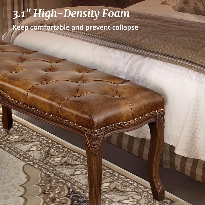 Bedroom Bench, French Vintage Tufted Leather Bench, 45.2" Carving Upholstered - Image 8