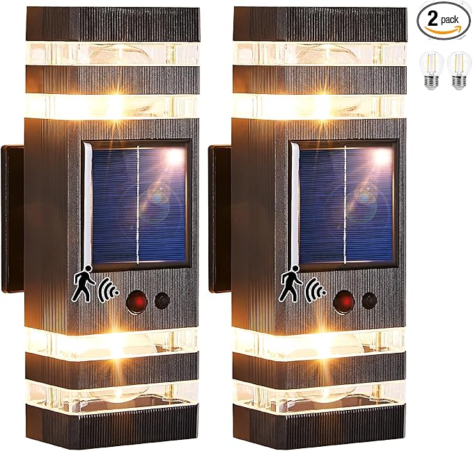Delicavy 2 Pack Solar Outdoor Wall Lights with 3-Mode Motion Sensor Outside Sconces Up Down Solar Porch Light Fixtures 3000K 500LM Dusk to Dawn Modern Exterior Wall Lamp for House Garage Front Door