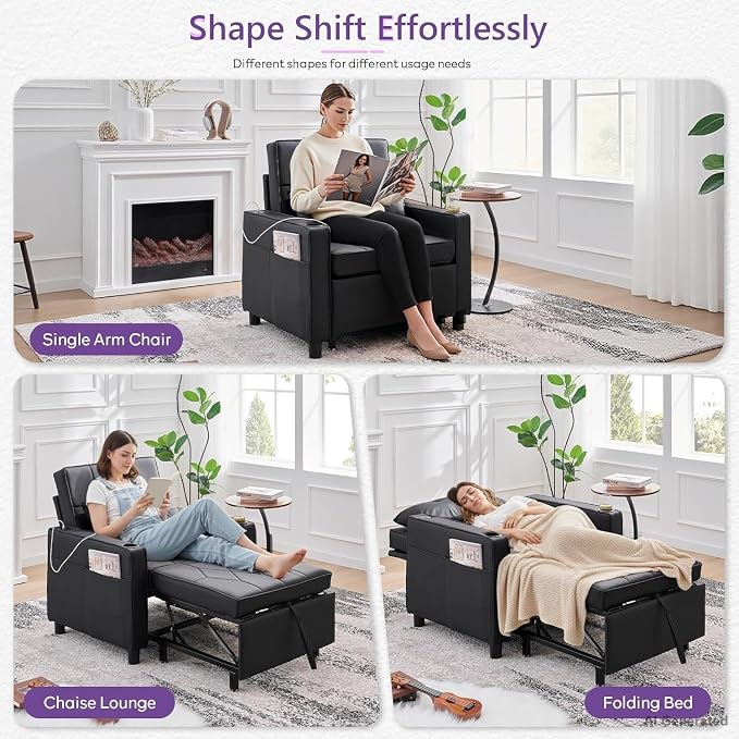 Faux Leather Convertible Sleeper Chair Bed, Single Pull Out Sofa, USB & Type-C - Image 6