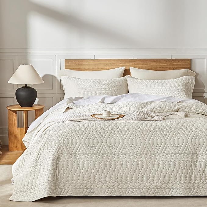 akkialla King/Cal King Quilt Set, Boho Style in a Solid Color, Cream by akkialla