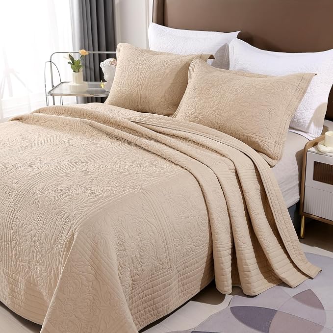 ROOMLIFE Quilt Set Queen Size 3D Floral Embroidery Pattern 3-Piece Cotton by ROOMLIFE
