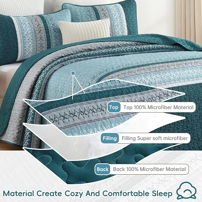 Cottolester Teal Quilt Set King Size, Soft Striped Texture Quilt Set 3 Pcs | - Image 6