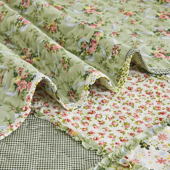 Oversized King Size Quilt Set 128x120 Green Floral Patchwork Bedspread Set | - Image 6