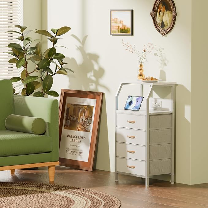 White Nightstand with Charging Station, 4 Drawers Bedside Table | 33.3 Inch - Image 4