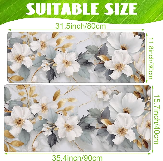 Eflxamz Desk Mat,White Gold Marble Desk Pad,White Flowers Golden Leaves Large Gaming Mouse Pad for Desk,Extended Big Computer Keyboard Mouse Pad with Non-Slip Base and Stitched Edge,31.5"x11.8"