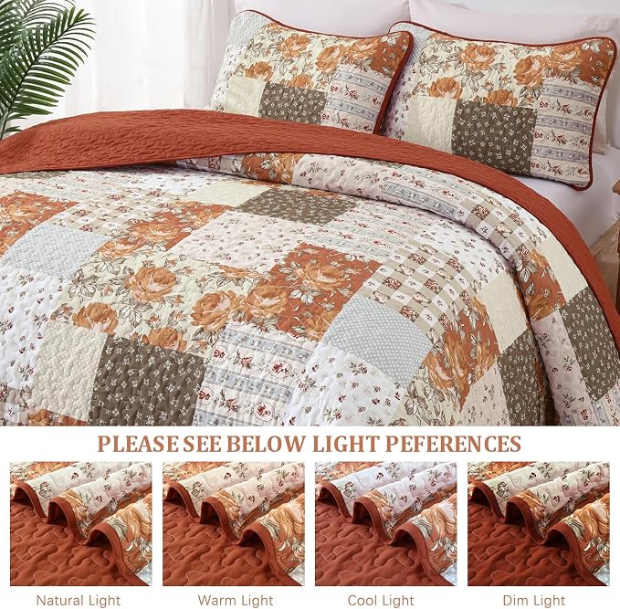 Anibedding Floral Patchwork Quilt Set Queen, Terracotta Plaid Bedspread | 3 Pcs - Image 8