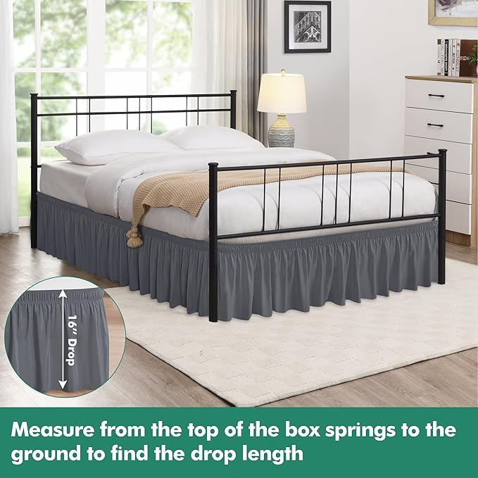 Biscaynebay Wrap Around Bed Skirts with Split Corners for King Beds 16" Drop, Dark Grey Elastic Dust Ruffles Adjustable Easy Fit Wrinkle & Fade Resistant Silky Luxurious Fabric Machine Washable