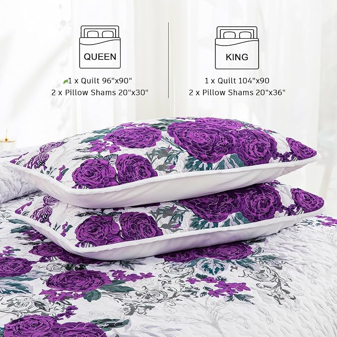 Yiran Purple Floral Quilt Set King Size, Rose Bedspreads Bedding Set | 3 Pieces - Image 6