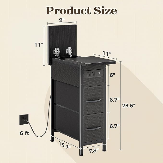 Huuger Narrow End Table with Charging Station, Side Table with 2 Drawers | Slim - Image 3
