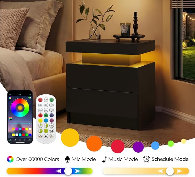 LED Nightstand with Wood 2 Drawers Modern Bedside Table - Image 6