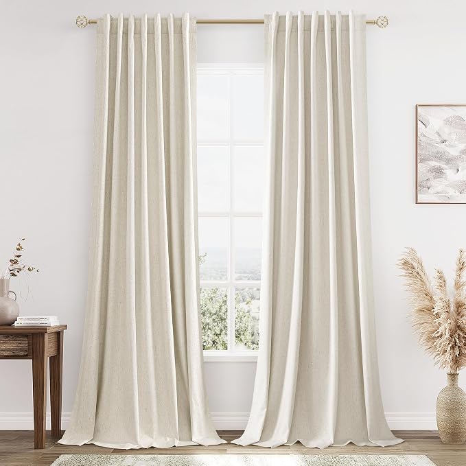 100% Blackout Linen Curtains 132 Inch Length 2 Panels Set by Guken