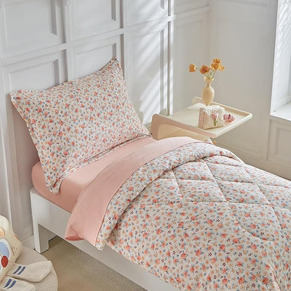 DuShow Toddler Bedding Set for Girls,4 Pieces Floral Toddler Girl Comforter Set,Super Soft Reversible Toddler Sheet Set,Lightweight Crib Bed Set -Pink