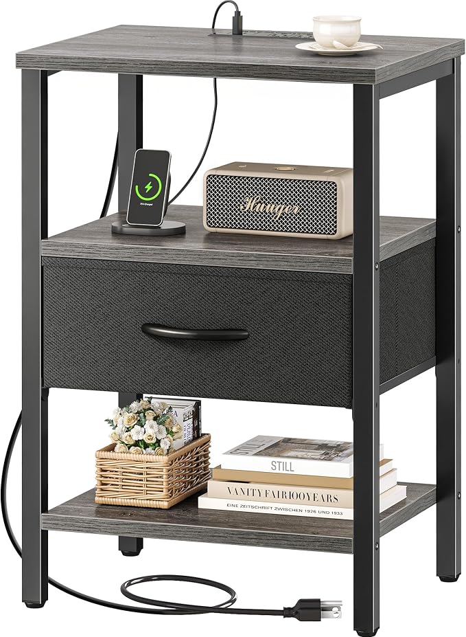 SUPERJARE Nightstand with Charging Station, Bed Side Table with Adjustable by SUPERJARE