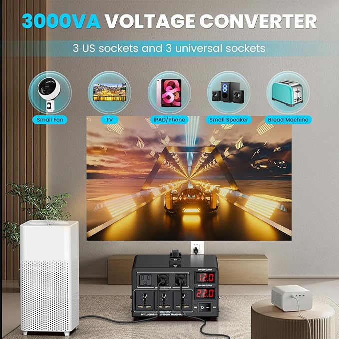 3000W Voltage Converter Transformer(110V to 220V or 220V to 110V) Step Up/Down Converter 110/120 Volt - 220/240 Volt w/US Power Cord,Circuit Breaker Protection, LCD Screen Display