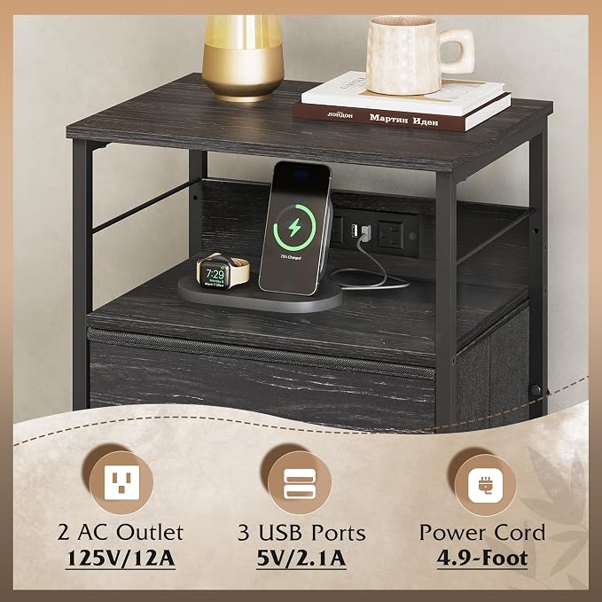 WLIVE Nightstand with Charging Station, 31.9" H Nightstand with 3 Fabric Drawers - Image 5
