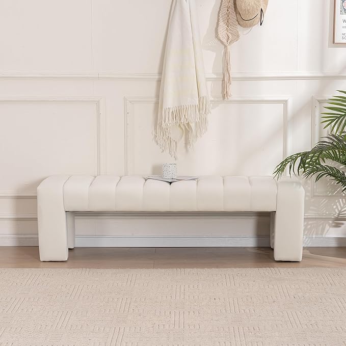 59" Velvet Bench for Bedroom King Size Bed Window End of Bed, Ivory White | by AIITTCC