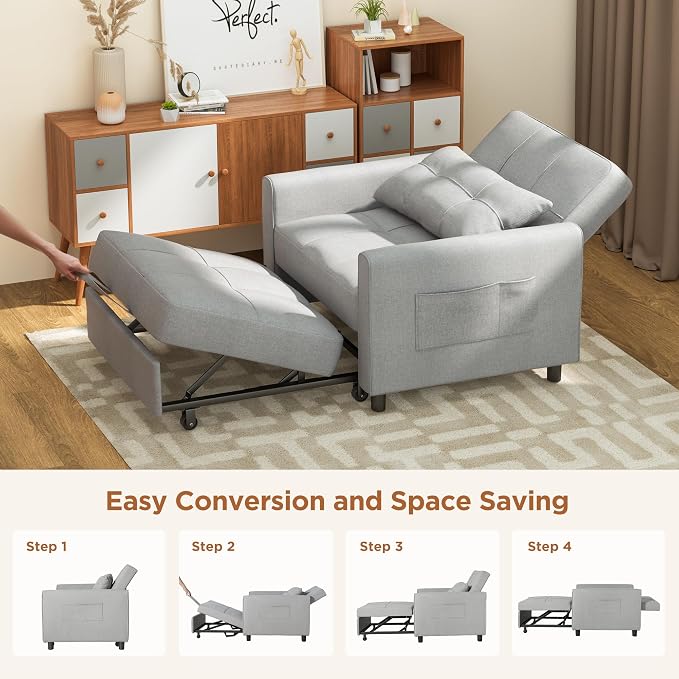 Aiho 34-Inch Sleeper Chair Bed, 3-in-1 Pull-Out Sofa Bed, Light Gray | - Image 5