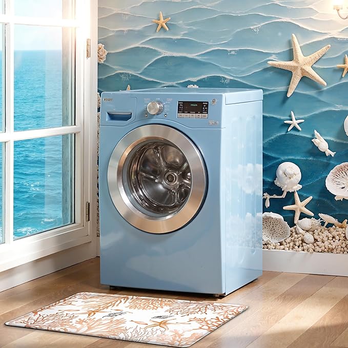 Kitchen Mats for Floor Cushioned Anti Fatigue Sets of 2 Coastal Kitchen Rugs Non Slip Waterproof Nautical Foam Kitchen Floor Rug Beach Theme Coral Fish Comfort Standing Mat for Sink Laundry, Coral