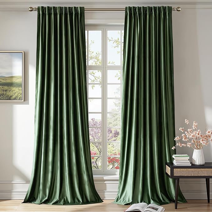 PRIMROSE Emerald Olive Green Velvet Curtains 84 inch Long by PRIMROSE