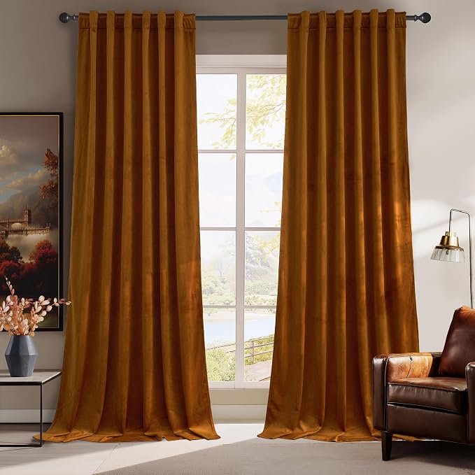 RYB HOME Fall Curtains Burnt Orange Velvet Curtains, Light Blocking, Thermal by RYBHOME