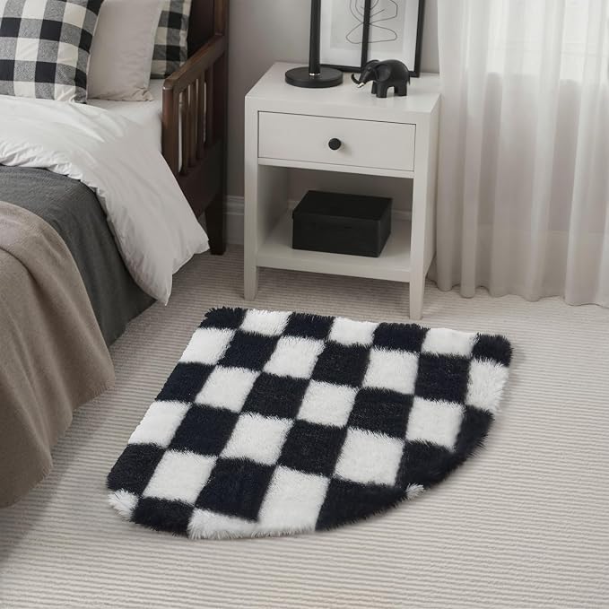 Checkered 3ft Radius Corner for Playroom Black and White Soft Shag | Machine - Image 2