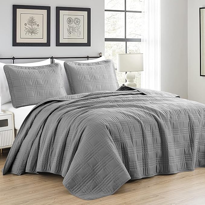 Chezmoi Collection Kingston Queen Size Bedspread Set, 3-Piece Gray Oversized by ChezmoiCollection