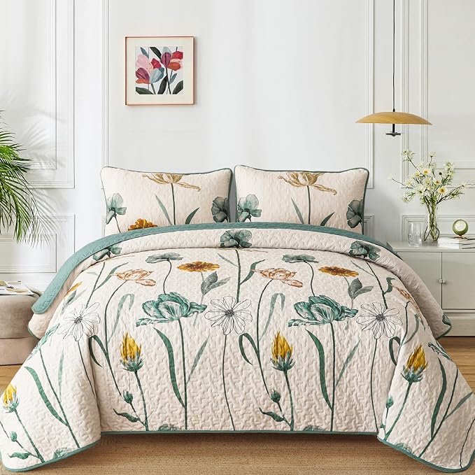 WONGS BEDDING Floral Quilt Set King Size, Aqua Botanical Coverlet | Farmhouse by WONGSBEDDING