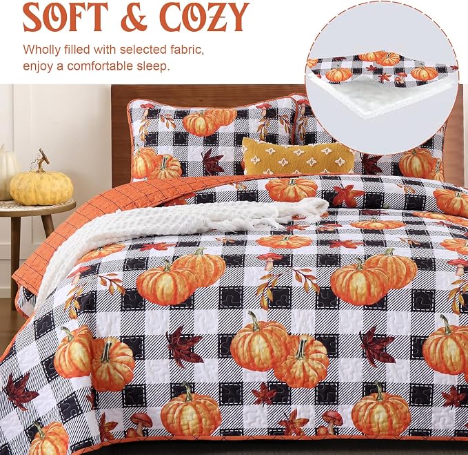 Anibedding Fall Patchwork Quilt King Size, Soft Pumpkins Maple Leaves Themed - Image 2