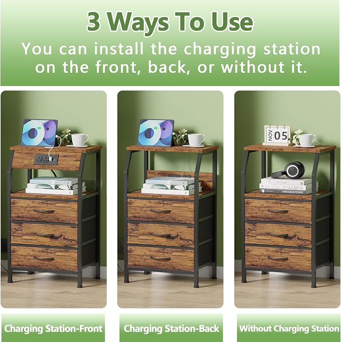 Night Stand with Charging Station, 3 Fabric Drawers Bedside Table | Rustic - Image 6