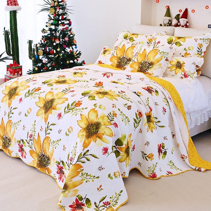 EVENHUG 100% Cotton Quilt Twin Size Yellow Sunflower Bedding Set Floral - Image 3